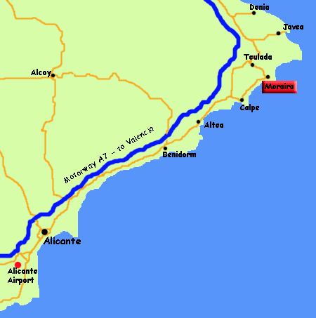 map Alicante Airport to Moraira