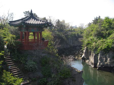 Pagoda by suspension bridge, cheju
